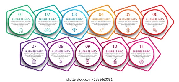 Infografía simple de 11 pasos. líneas de color, símbolos y texto en una unidad relacionada, adecuada para su presentación comercial
