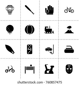 Simple 16 set of activity filled icons such as bulldozer, domino, ball, stone for curling, golf ball, baseball bat, baseball glove and ball, bicycle, scuba, sport mask