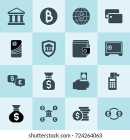 Simple 16 set of bank filled icons such as hand holding money, money sack, wallet, pos terminal, dollar sign on globe, safe, bank insurance, coin, money exchange, credit card