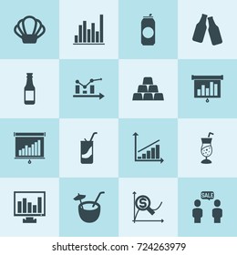 Simple 16 set of bar filled icons such as diagram, chart, chart on display, gold, graph on board, money line graph, beer bottle, can, cocktail, sale, coconut cocktail, soda