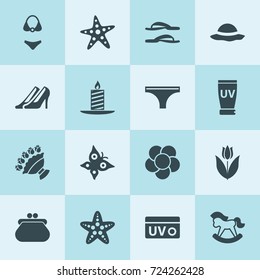 Simple 16 set of beauty filled icons such as woman underwear, horse toy, wallet, bouquet, high heeled shoe, christmas candle, tulip, starfish, uv cream, swimsuit, woman hat