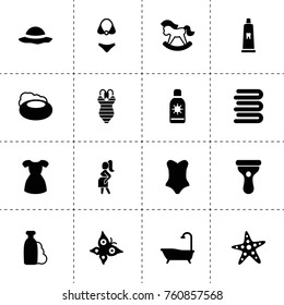 Simple 16 set of beauty filled icons such as soap, shampoo, bath, towels, pregnant, horse toy, tooth paste, shaver, dress, swimwear, swimsuit, woman hat, starfish, butterfly