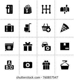 Simple 16 set of box filled icons such as mechanical transmission, auto transmission, car first aid kit, package, washing powder, cargo, pizza, a b c cube, present