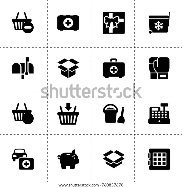 Simple 16 set of box filled icons\
such as safe, car first aid kit, piggy bank, box, mail box, first\
aid kit, gift, cashbox, shopping basket, packaging, boxing\
glove