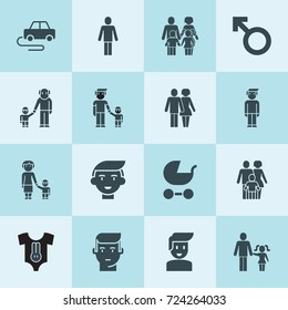 Simple 16 set of boy filled icons such as pram, man, man sign, boy, grandmother and granson, grandfather and grandson, baby clothing, couple, family