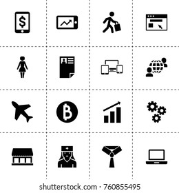 Simple 16 set of business filled icons such as gear, graph chart, graph on phone display, plane, browser, woman, tie, coin, laptop, gadgets, global communication