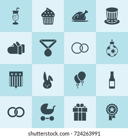 Simple 16 set of celebration filled icons such as pram, engagement ring, present, christmas tree toy, bunny, engagement rings, mittens, beer bottle, medal, chicken, cake