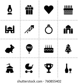 Simple 16 set of celebration filled icons such as rabbit, circus, fireworks, cake, trophy, pram, present, christmas tree, sale balloon, ring, heart, wine, mosque