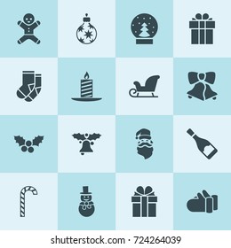 Simple 16 set of christmas filled icons such as present, socks, christmas tree toy, mistletoe, mittens, champagne bottle, snowman, gingerbread, candy cane, santa claus