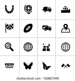 Simple 16 set of collection filled icons such as harvester, horseshoe, leaf, garbage truck, shine, globe, flags, microorganisms, receipt, place, flag, american football