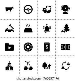 Simple 16 set of color filled icons such as cow, cherry, bearing, car body repair, garden cleaner, floor cloth, school bell, warm floor, media folder, money exchange, church