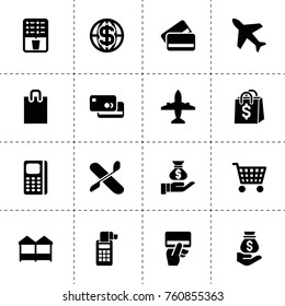 Simple 16 set of commercial filled icons such as credit card, credit card payment, money sack on hand, plane, coffee, pos terminal, shopping bag, business, store, pos terminal
