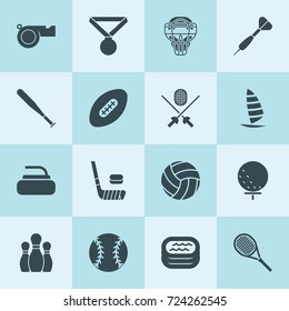 Simple 16 set of competition filled icons such as windsurfing, pool, medal, stone for curling, golf ball, tennis, baseball bat, baseball, hockey, fencing, bowling, sport mask