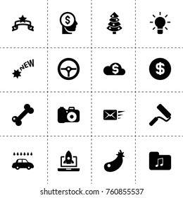Simple 16 set of creative filled icons such as eggplant, money in head, bulb, car wash, paint roller, banner, music folder, camera, christmas tree, money cloud, start up, mail