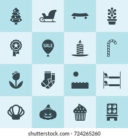 Simple 16 set of decoration filled icons such as christmas tree, bunk bed, socks, pumpkin, medal, christmas candle, candy cane, cake, sledge, flowerpot with dollar sign