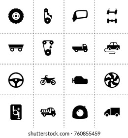 Simple 16 set of drive filled icons such as trailer, truck, tire, tire repair, alloy wheel, steering wheel, timing belt, car chassis, gearbox, robot transmission, car mirror