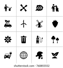 Simple 16 set of ecology filled icons such as tree, berry, windmill, sprouting, flower, electric car, eco car, co gas, trash bin, garbage, woman with garbage, globe