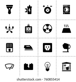 Simple 16 set of electric filled icons such as wheel balance, spark coil, car broken battery, coffee, car wiper, chandelier, laundry room, iron, bulb, concrete mixer