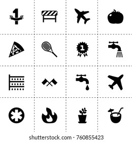 Simple 16 set of emblem filled icons such as shower, plant, fire, tomato, water tap, road barrier, flags, pizza, medal, medical, tennis, number 1, coconut cocktail, plane