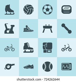 Simple 16 set of exercise filled icons such as ice skates, heart beat monitor, whistle, pool, bicycle, boxing glove, ice skating, baseball, sneakers, bicycle, dumbbell