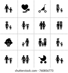 Simple 16 set of family filled icons such as husband and wife, family, baby, grandmother and granson, couple, care, baby buggy