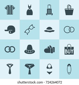 Simple 16 set of fashion filled icons such as tie, luggage, engagement ring, safety pin, shopping bag, hat, engagement rings, mittens, dress, glasses, beach bag, swimsuit