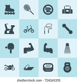 Simple 16 set of fitness filled icons such as muscle, mat, pool, bicycle, skate, tennis table, diet, tennis, dumbbell, shuttlecock, exercise bike, 10 kg bell, skipping rope