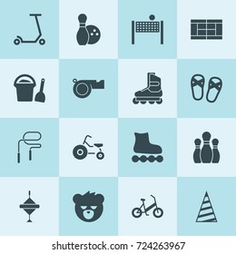 Simple 16 set of fun filled icons such as tricycle, spinning top, bear, kick scooter, birthday cap, flip-flops, volleyball, bucket scoop, bicycle, skate, bowling, skate roller