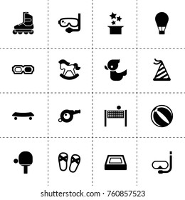 Simple 16 set of fun filled icons such as swimming pool, magic hat, 3d glasses, diving mask, party hat, duck, horse toy, tennis table, skate roller, skate, whistle, flip-flops