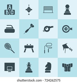 Simple 16 set of game filled icons such as horse chess, a b c cube, spinning top, target, whistle, kite, stone for curling, tennis, american football jacket, volleyball net
