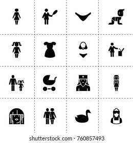 Simple 16 set of girl filled icons such as duck, cleaner woman, woman with garbage, maid, pram, woman, baby, couple, farher and daughter, girl, nurse, panties, dress