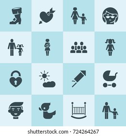 Simple 16 set of happy filled icons such as pram, grandmother, boy, duck, heart with arrow, baby bed, farher and daughter, mother and son, father and son