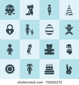 Simple 16 set of happy filled icons such as pregnant, girl, grandmother and granson, teddy bear, mother with newborn baby, boy, heart lock, easter egg, bunny, gingerbread