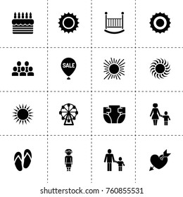 Simple 16 set of happy filled icons such as sun, ferris wheel, grandmother, heart with arrow, cake, baby bed, diaper, mother and son, father and son, group of people