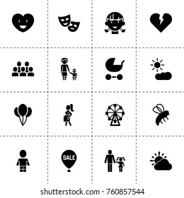 Simple 16 set of happy filled icons such as bee, theatre mask, balloon, broken heart, ferris wheel, pram, pregnant, girl, grandmother and granson, farher and daughter, boy