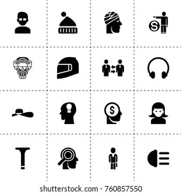 Simple 16 set of head filled icons such as money in head, businessmen communication, woman, man, screw, hight beem light, businessman, headphones, man and money