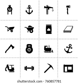 Simple 16 set of heavy filled icons such as axe, wheelbarrow, slab, cement bag, tower crane, excavator, bulldozer, whellbarrow, building crane roller, pick, barbell