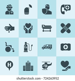 Simple 16 set of help filled icons such as insurance, health insurance, care, wheelchair, patch, call ambulance, hospital, ambulance, hospital stretcher, doctor, helicopter