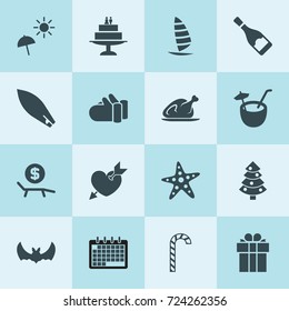 Simple 16 set of holiday filled icons such as calendar, heart with arrow, present, christmas tree, bat, mittens, champagne bottle, cake, windsurfing, chicken, candy cane