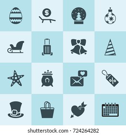 Simple 16 set of holiday filled icons such as calendar, luggage, heart with arrow, cauldron with horseshoe, st patrick's day hat, christmas tree toy, easter egg