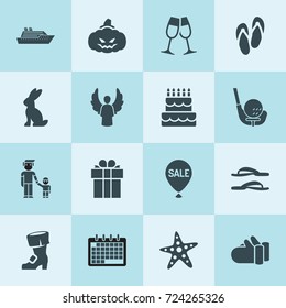 Simple 16 set of holiday filled icons such as calendar, father and son, present, pumpkin, glasses clink, mittens, business, flip flops, cake, angel, st patrick's day boot