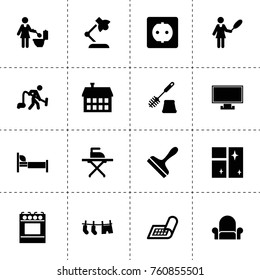 Simple 16 set of home filled icons such as table lamp, clean window, scraper, drying clothes, toilet brush, cleaner woman, man with vacuum cleaner, toilet clean, ironing