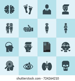 Simple 16 set of human filled icons such as cv, husband and wife, grandmother, man, girl, mother with newborn baby, businessman, boy, brain, eye drop