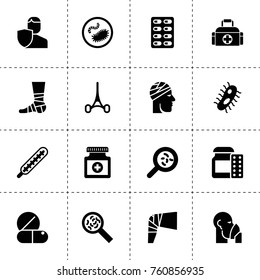 Simple 16 set of illness filled icons such as bacteria, insurance, thermometer, medicine, medical pill, microorganisms, medicine pills, surgical scissors, runny nose