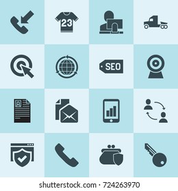 Simple 16 set of internet filled icons such as cv, user and computer, truck, incoming call, communication, key, globe, call, money security, web camera, seo, web safety