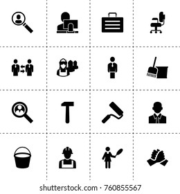 Simple 16 set of job filled icons such as businessman, businessmen communication, handshake, user search, bucket and broom, cleaner woman, maid, case, user and computer, chair