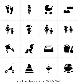 Simple 16 set of kid filled icons such as swimming pool, building blocks, pram, pyramid toy, girl, baby, spinning top, mother and son, mother with newborn baby, boy and girl
