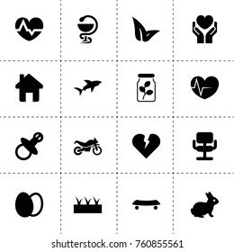 Simple 16 set of life filled icons such as sprouting, rabbit, eggs, leaf, chair, broken heart, health insurance, heartbeat, medical, plant in a can, home, nipple, motorcycle