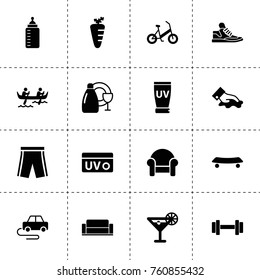 Simple 16 set of lifestyle filled icons such as carrot, armchair, dishes wash, wiping, baby bottle, sofa, car toy, barbell, sneakers, skate, uv cream, cocktail, kayak, bicycle
