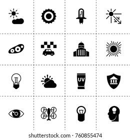 Simple 16 set of light filled icons such as sun, bank insurance, bulb, car halogen bulb, taxi, front car light, eye, idea, drone, sun, sun cloud, uv cream
